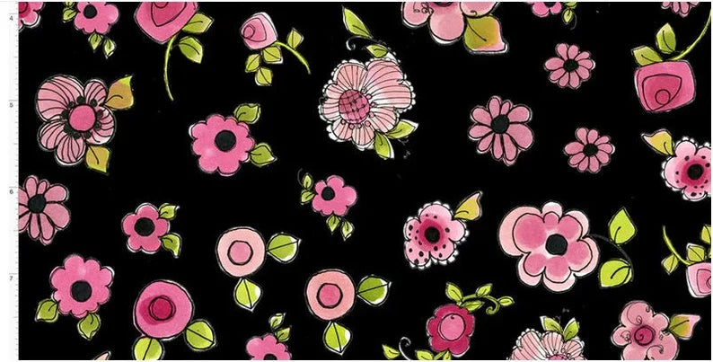 Pink Flowers on Black Background, Parlor Posey Floral Yardage by Loralie Designs