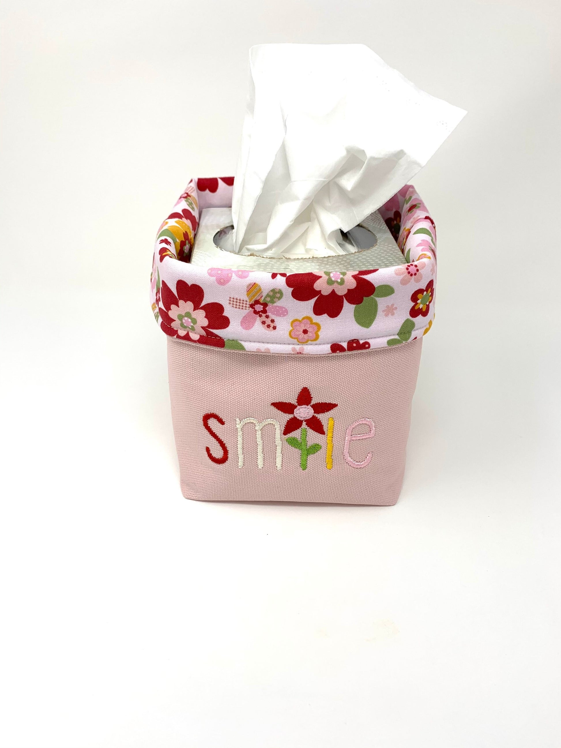 Fabric Bag, Basket, Reusable, Tissue Box Holder, Floral, Smile Basket, Red, Pink, Handmade