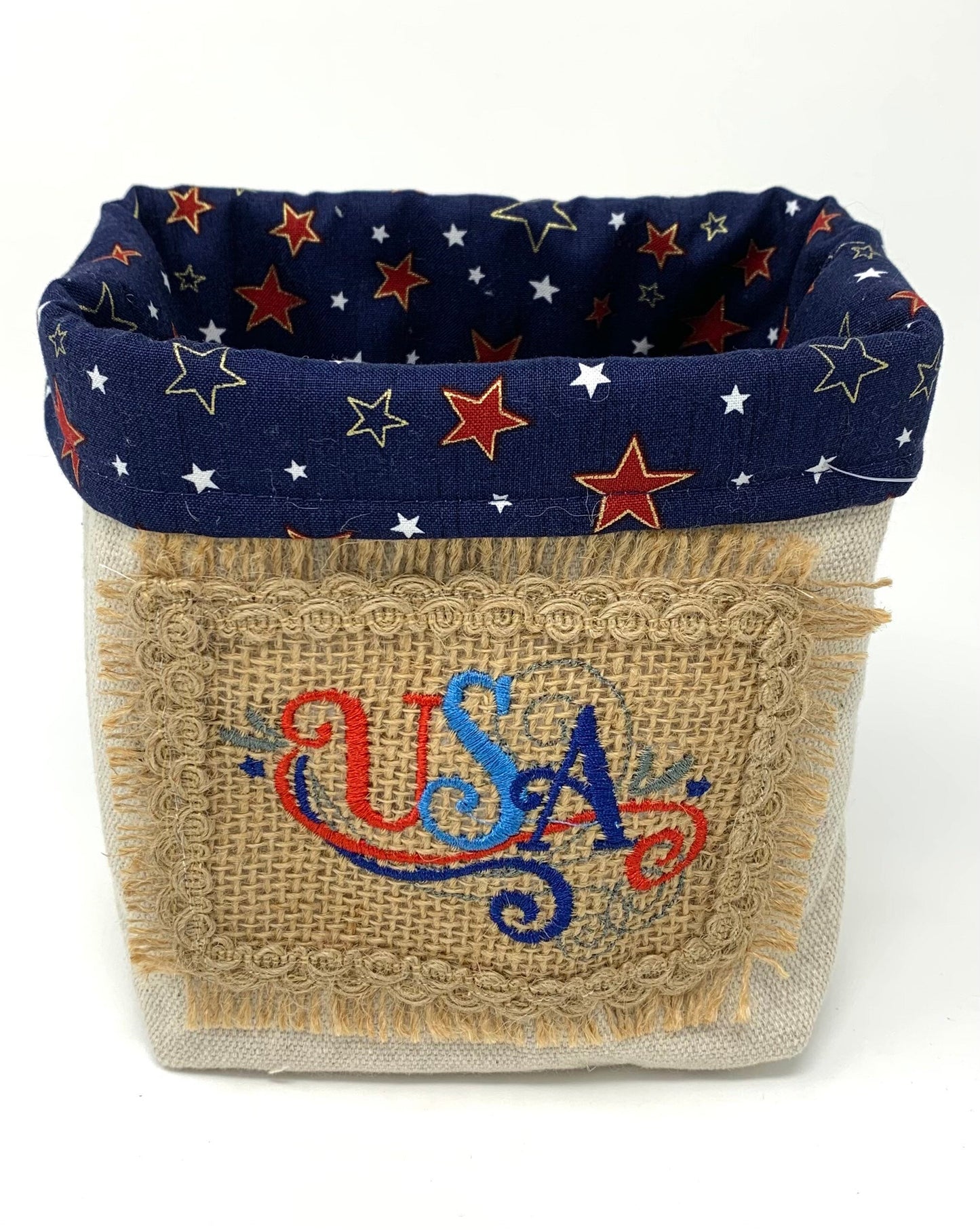 Patriotic Fabric Bag, Basket, Reusable, Tissue Box Holder, Red, White, Blue, Burlap, Handmade