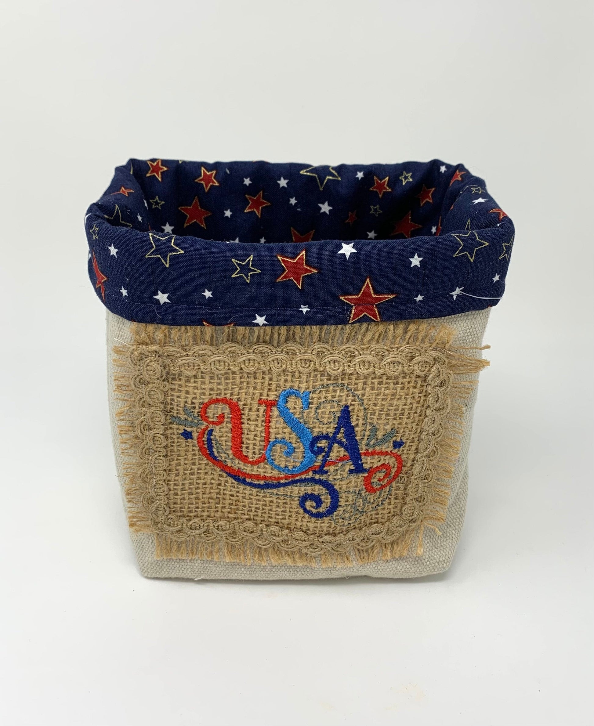 Patriotic Fabric Bag, Basket, Reusable, Tissue Box Holder, Red, White, Blue, Burlap, Handmade