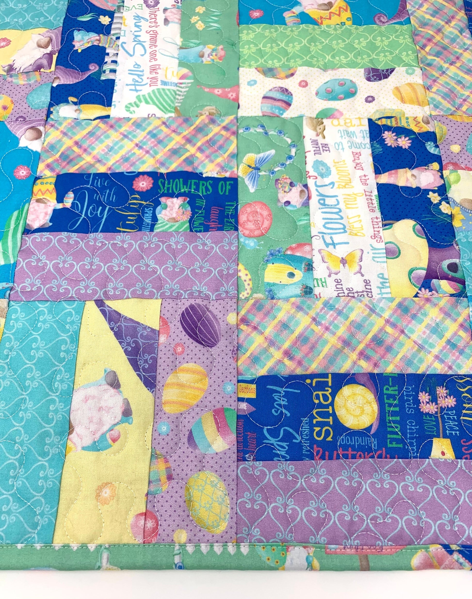 Easter Table Runner, Table Topper, Rectangular Quilt, Purple, Yellow, Gnomes, Eggs, Spring, Handmade Table Runner Quilt