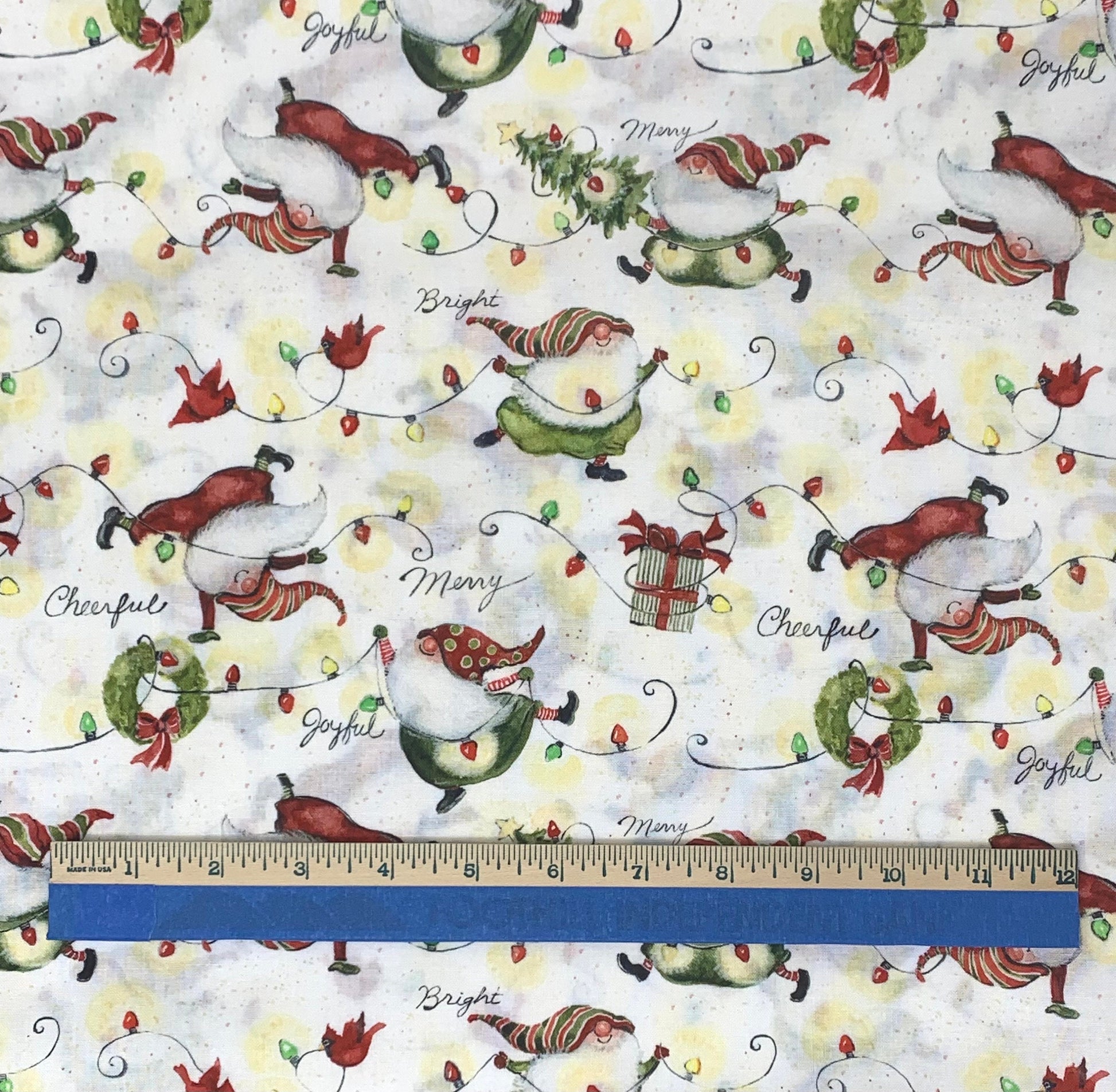 Gnomes Christmas Fabric, Gnomes and Lights, Green, Red, Christmas Yardage