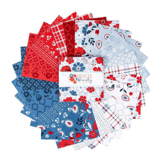 American Beauty Fabric Squares, Red, White, Blue, Leaves, 5 inch Stacker, Charm Pack, Riley Blake, 5 inches, 42 squares, 5-14440-42