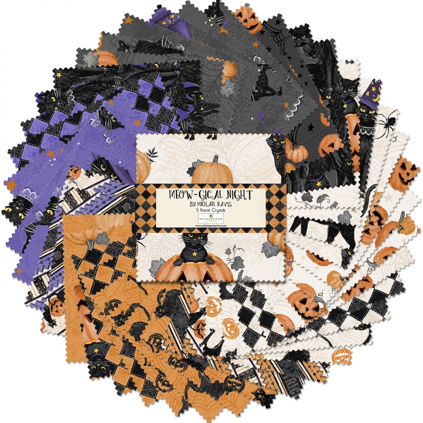 Halloween Cat Fabric Squares, Orange, Black, Charm Pack, Meow-gical Night, Wilmington Prints, 5 inches, 42 squares