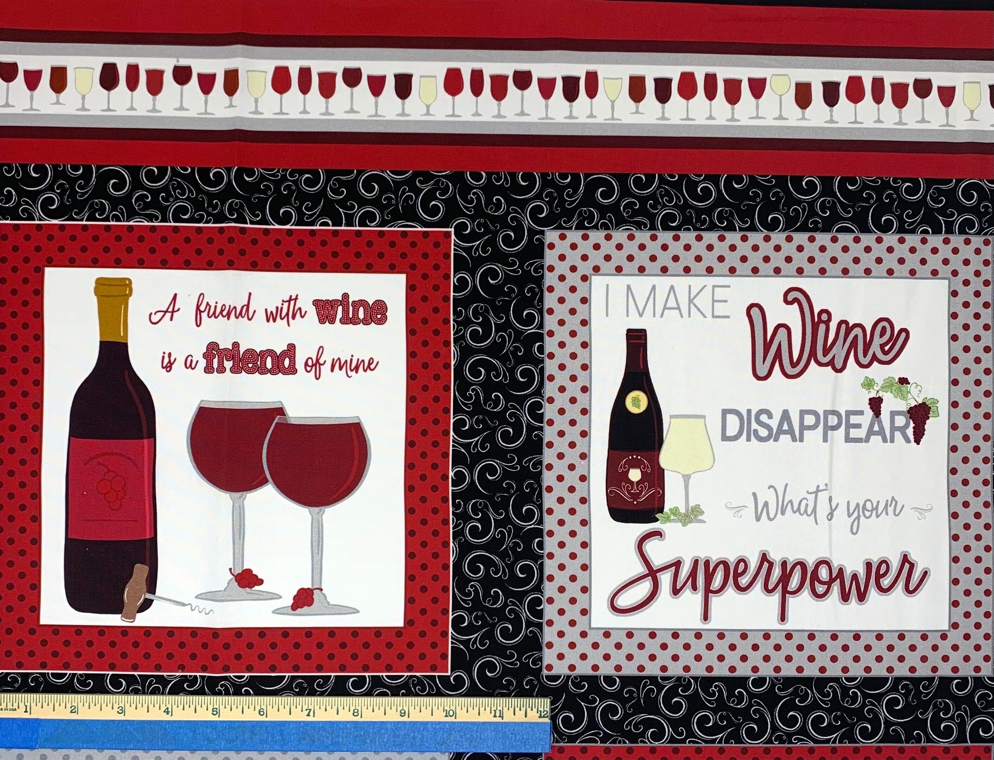 Wine Fabric Panel, Uncork & Unwind, Wine Glasses, Wine Bottles, Benartex