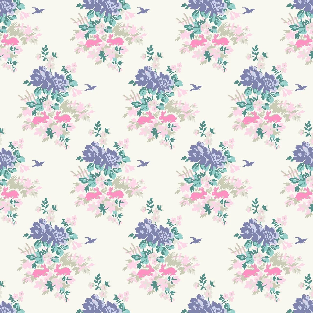 Blue pink floral yardage, bunnies, Amelie, Tanya Whelan