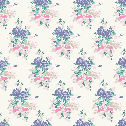 Blue pink floral yardage, bunnies, Amelie, Tanya Whelan