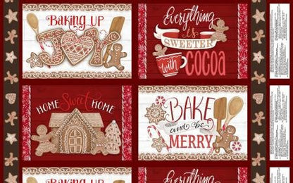 Christmas Gingerbread Placemats Fabric Panel, Baking Up Joy, Red, Tan, Wilmington Prints