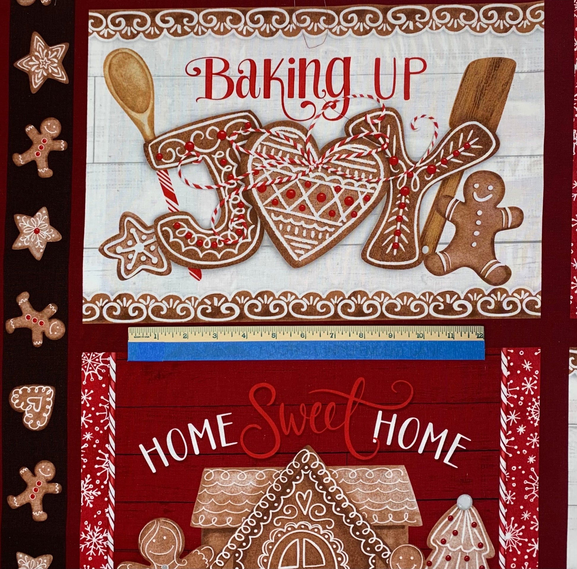 Christmas Gingerbread Placemats Fabric Panel, Baking Up Joy, Red, Tan, Wilmington Prints