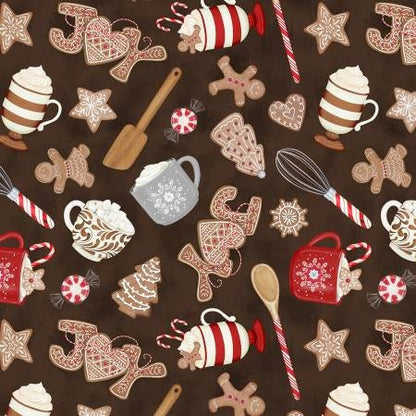 Gingerbread Hot Cocoa Fabric Squares, Baking Up Joy, Wilmington Prints, 5 inches, 42 squares