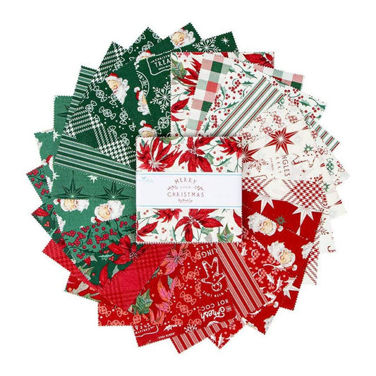 5 inch square quilting fabric in red and green christmas prints featuring santa claus, poinsetta, etc