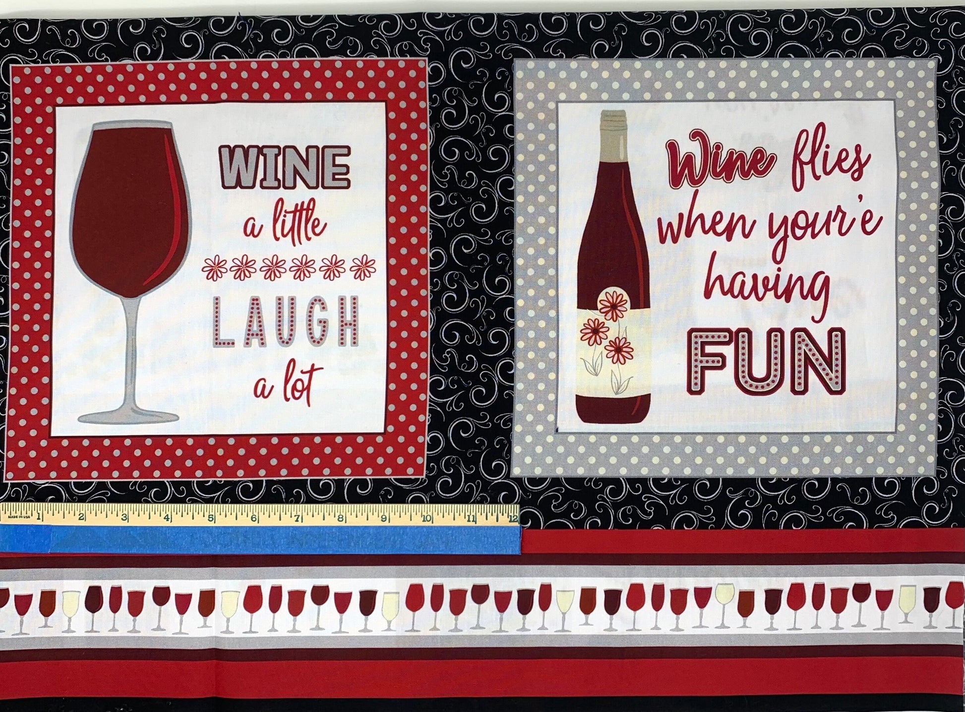 Wine Fabric Panel, Uncork & Unwind, Wine Glasses, Wine Bottles, Benartex