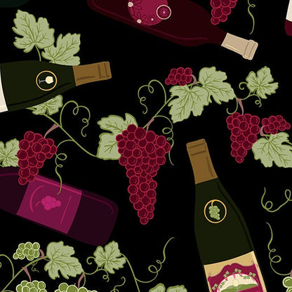 Wine Yardage, Uncork & Unwind, Benartex, Black, Wine, Green, Grapes, Leaves, Fabric Yardage