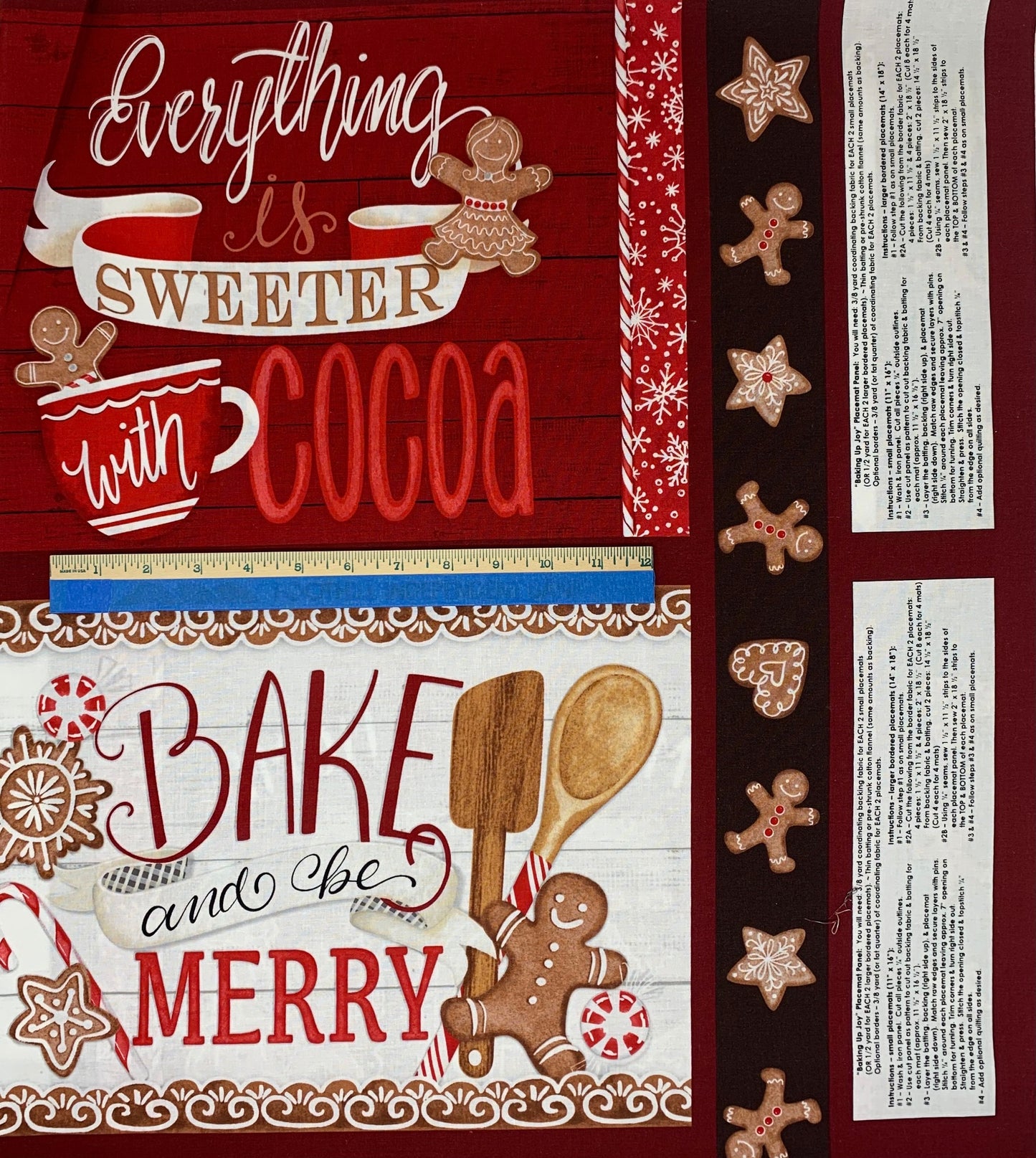 Christmas Gingerbread Placemats Fabric Panel, Baking Up Joy, Red, Tan, Wilmington Prints