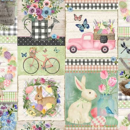 Easter Fabric Yardage, Multi Patchwork, Bunnies, Easter Eggs, Tulips, Pink, Green, Beth Albert, 3 Wishes