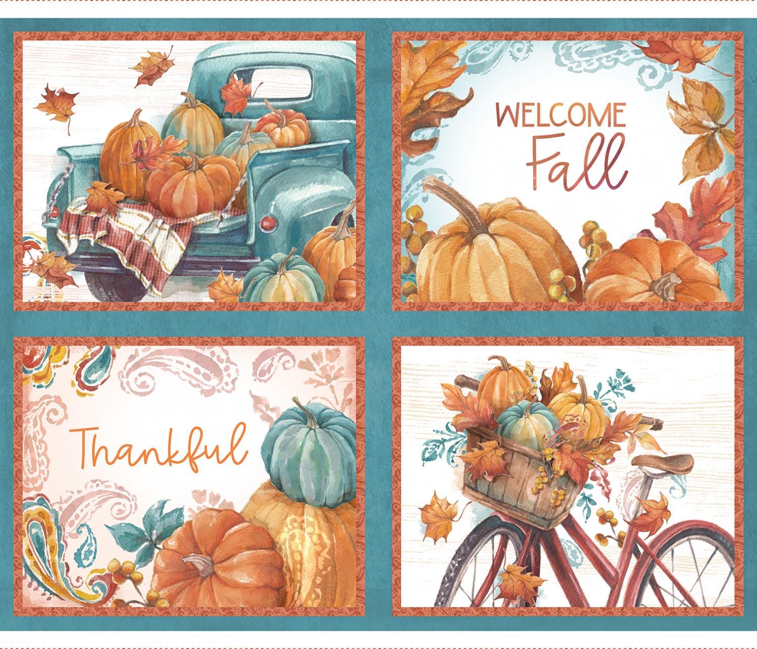 Fall Fabric Panel, Pumpkin Please, Aqua Blue, Orange