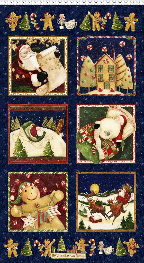 Gingerbread Christmas Fabric Panel, Light Navy Gingerbread Christmas, Clothworks