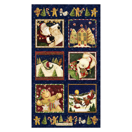 Gingerbread Christmas Fabric Panel, Light Navy Gingerbread Christmas, Clothworks