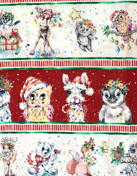 Christmas Animal Stripe, Little Darlings Christmas, Character Border Stripe yardage, P&B Textiles