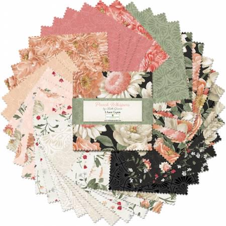 Floral Fabric Squares, Peach Whispers, Charm Pack, Peach, Beige, Green, Wilmington Prints