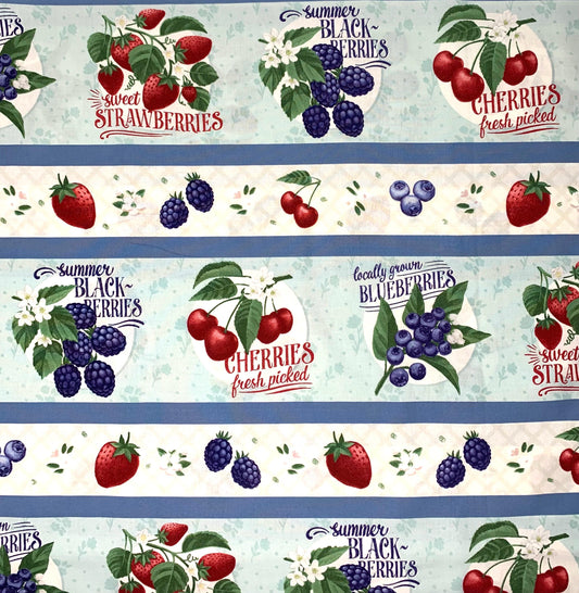 Berries Border Stripe Yardage, Fresh and Sweet, Strawberries, Blueberries, Blackberries, Cherries, Wilmington Prints