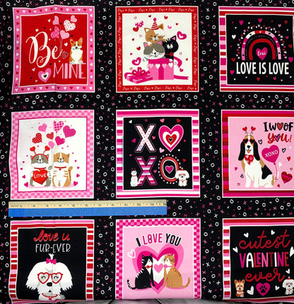 Dog and Cat Valentine Panel, Love You Fur-Ever, Love You Boxes Black, Benartex