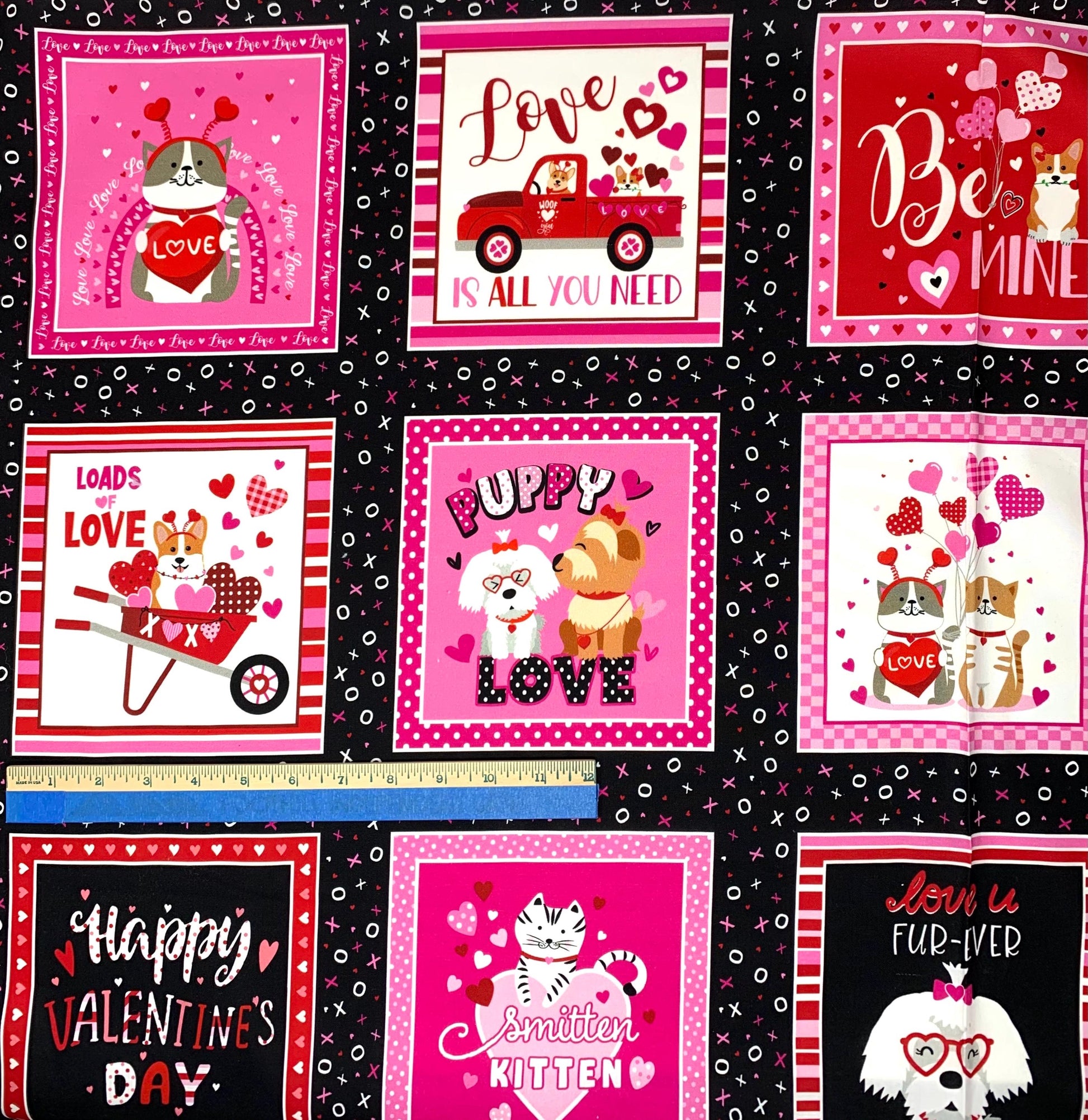 Dog and Cat Valentine Panel, Love You Fur-Ever, Love You Boxes Black, Benartex