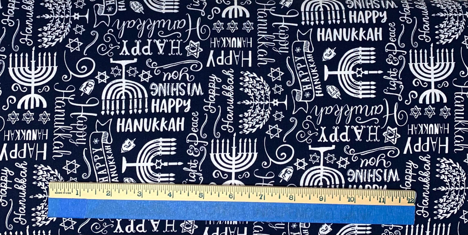 Hanukkah Fabric Yardage, Navy Blue, White, Jewish Star, Happy Hanukkah, Navy Menorah and Happy Hanukkah, Timeless Treasures