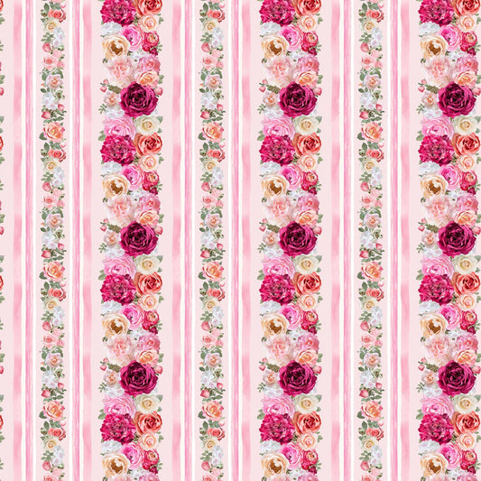 Floral Rose Border yardage, Bellerose 11 inches, Spring Floral yardage, Pink Roses, Timeless Treasures