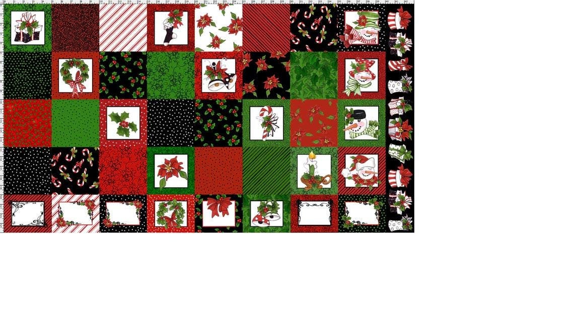 Assorted Christmas print blocks in red and green.fabric panel.