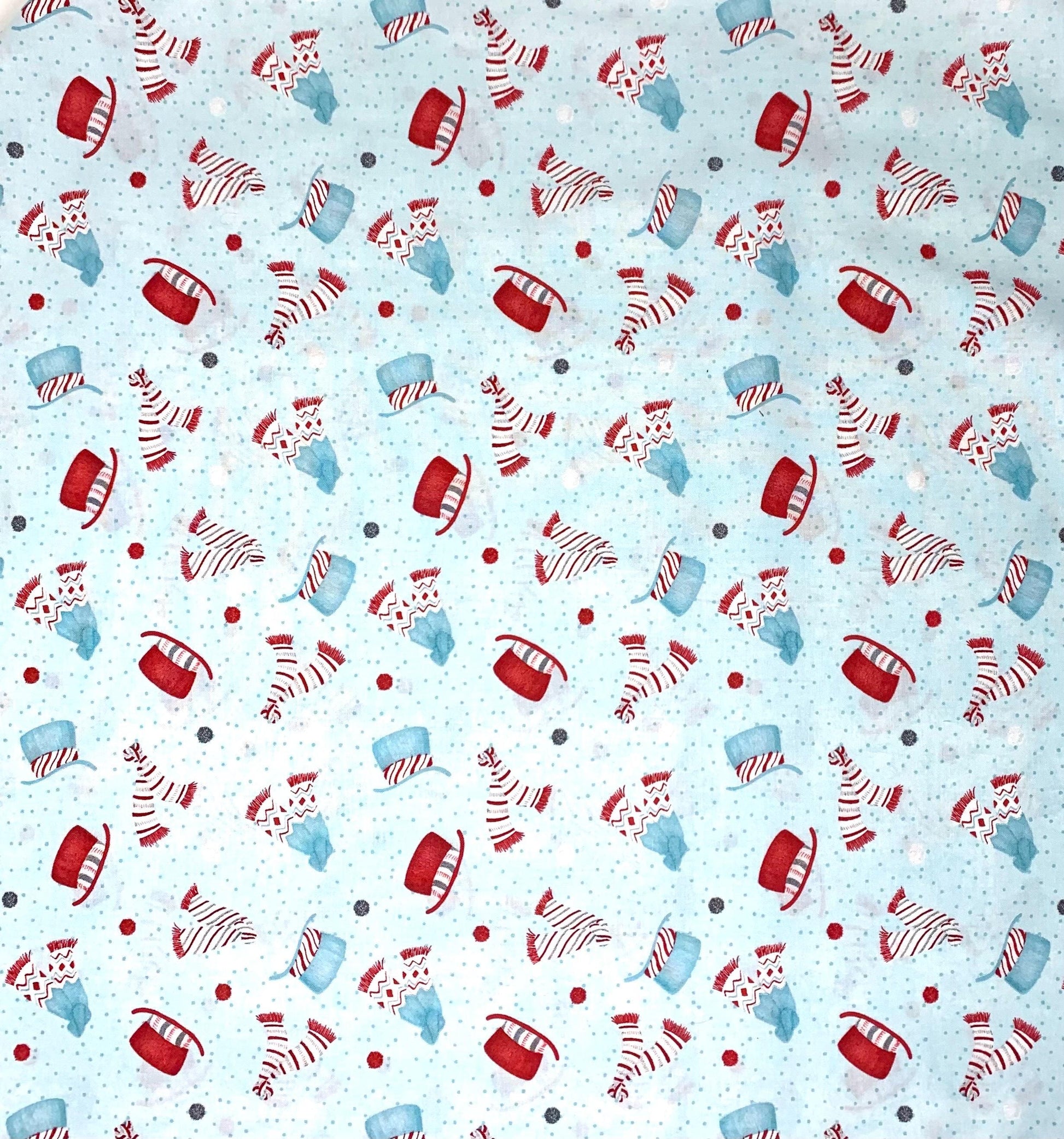 Christmas Winter fabric yardage, Frosty Merry-Mints, Teal Blue Hats and Scarves, Blue and Red, Wilmington Prints