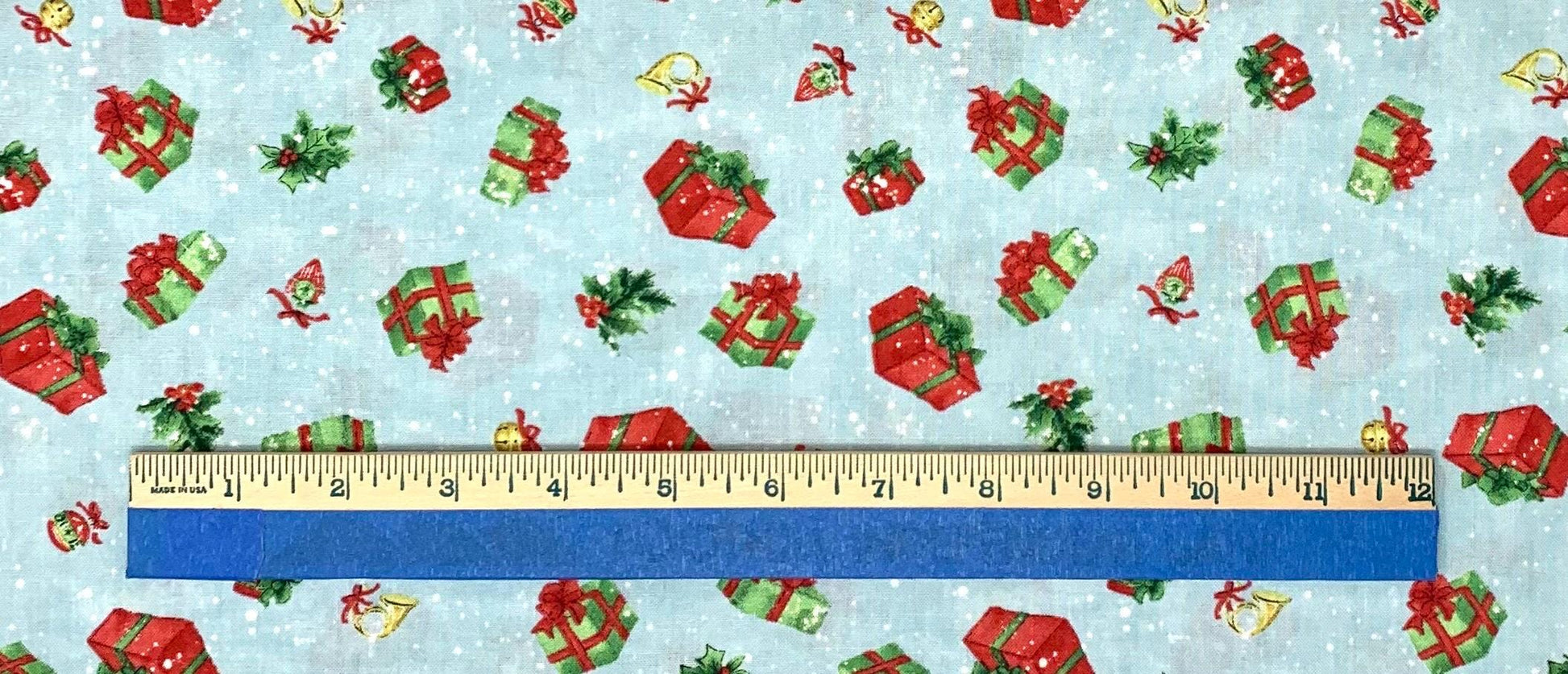 Christmas Winter fabric yardage, Winter Hollow Tossed Gift Boxes, Blue, Red, Green, Wilmington Prints