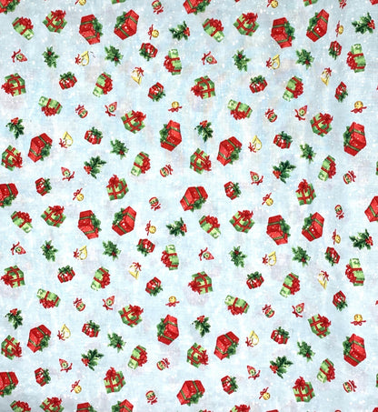 Christmas Winter fabric yardage, Winter Hollow Tossed Gift Boxes, Blue, Red, Green, Wilmington Prints