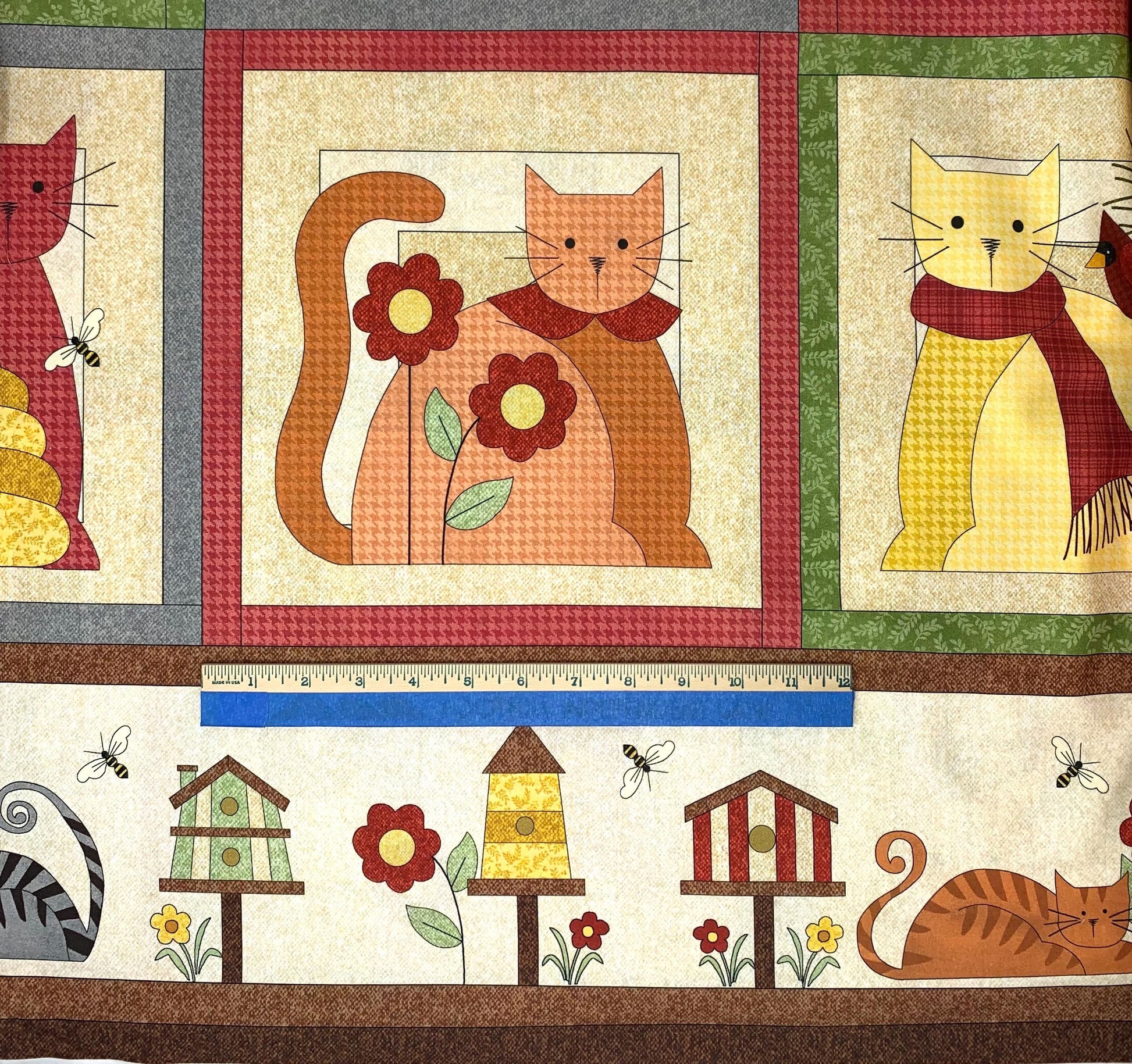 Cats Fabric Panel, Wooly Cats Panel, Cat Blocks, Flowers, Multi Cats on Cream, Benartex