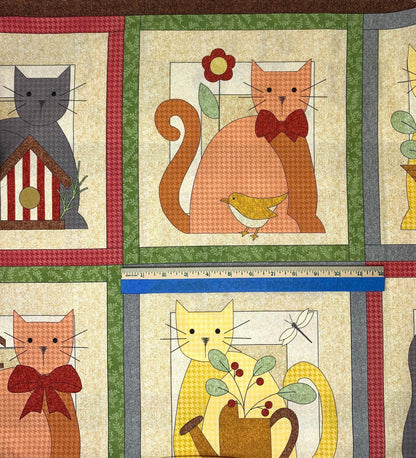 Cats Fabric Panel, Wooly Cats Panel, Cat Blocks, Flowers, Multi Cats on Cream, Benartex