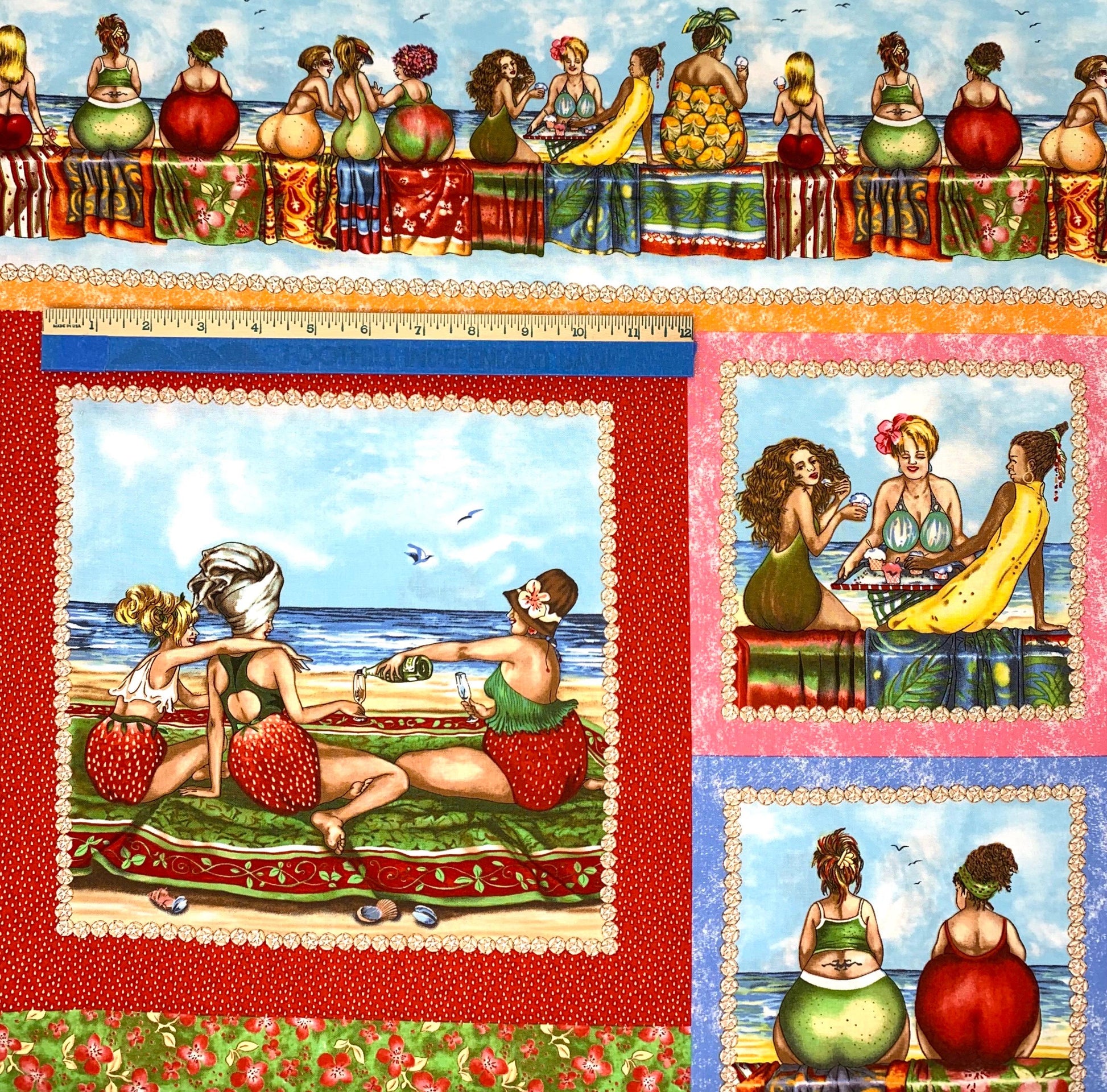 Fruit Ladies Multi Fabric Panel, Beach, Bananas, Strawberries, Women at the Beach, 1518E-MULTI