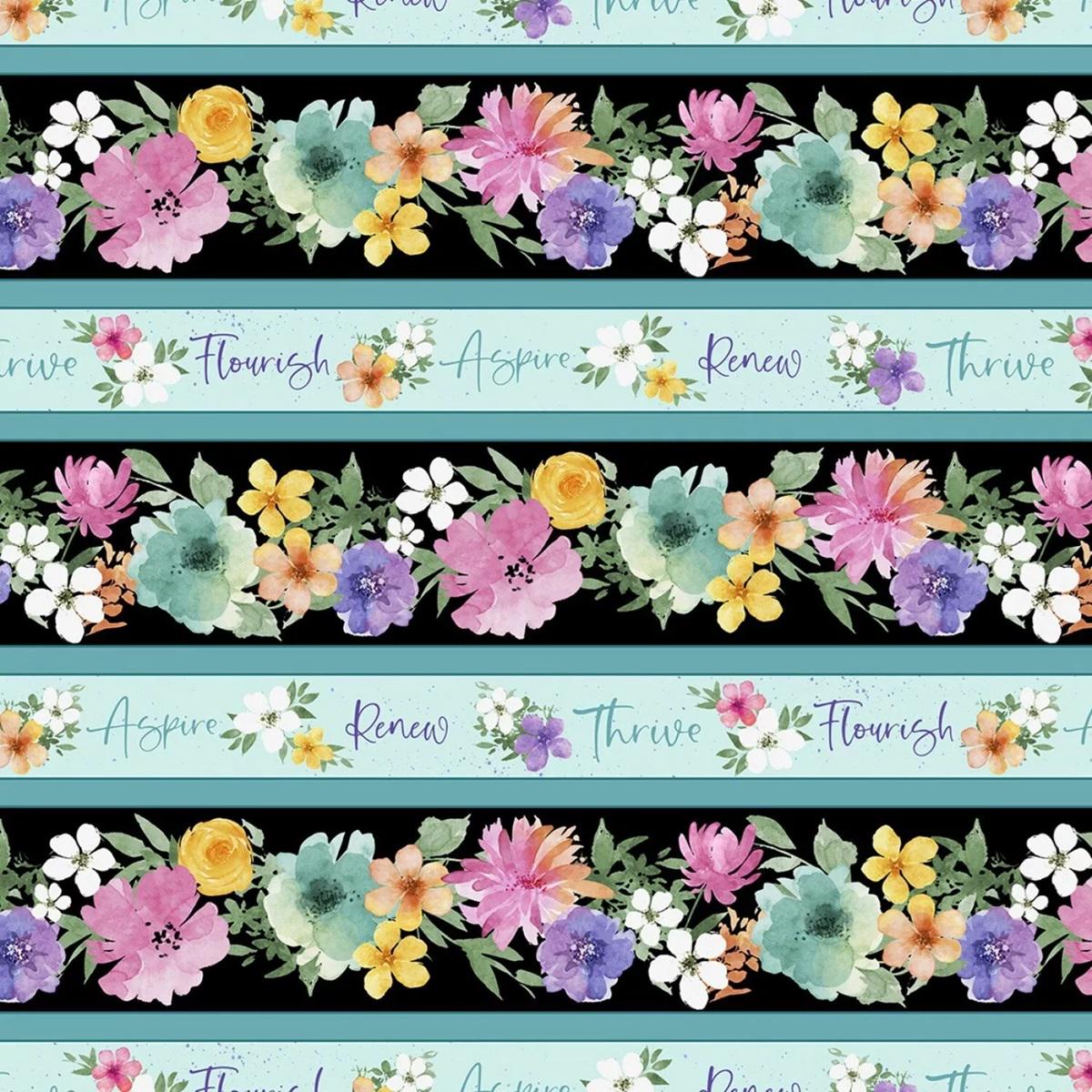 Floral Border Stripe, Floral Party, Teal Blue, Pink, Flowers, Wilmington Prints