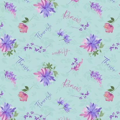 Floral Party, Teal Word Toss, Blue, Pink, Flowers, Yardage, Wilmington Prints