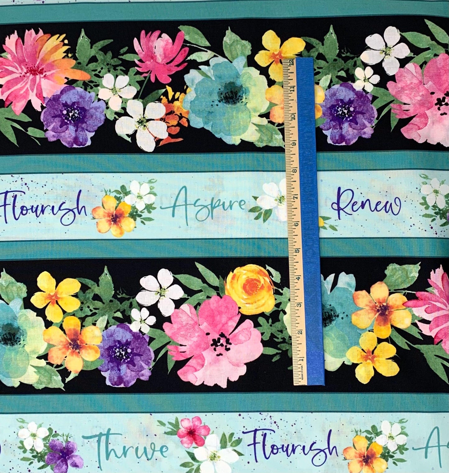 Floral Border Stripe, Floral Party, Teal Blue, Pink, Flowers, Wilmington Prints