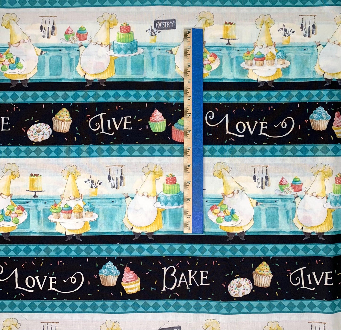 Baking Gnome Border Stripe, Sweet Little Pleasures, Cupcakes, Blue, Black, Wilmington Prints