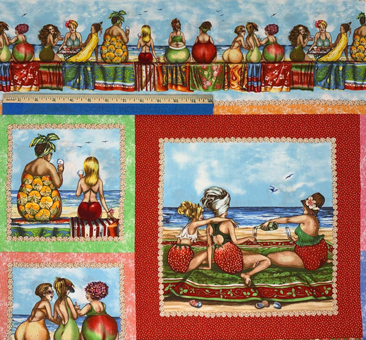 Fruit Ladies Multi Fabric Panel, Beach, Bananas, Strawberries, Women at the Beach, 1518E-MULTI