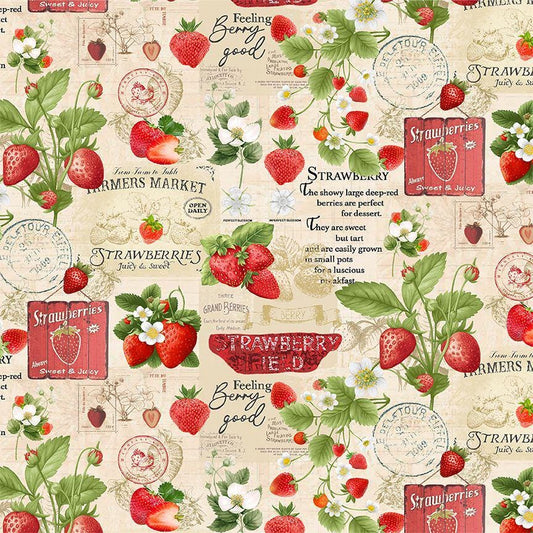 Strawberry yardage, Red, Beige, Strawberries Market Collage yardage, Botanicals, Timeless Treasres