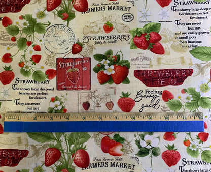 Strawberry yardage, Red, Beige, Strawberries Market Collage yardage, Botanicals, Timeless Treasres