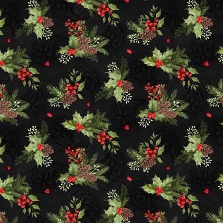 Pinecone fabric yardage, Christmas, Tartan Holiday, Black Foliage Toss, Green, Red, Wilmington Prints