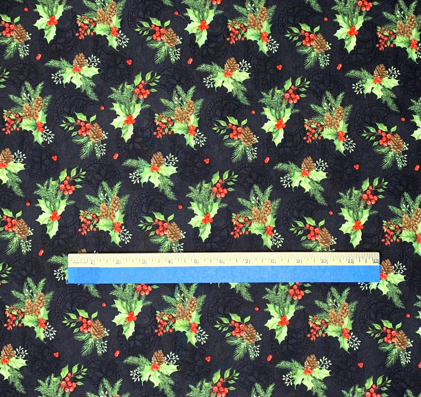 Pinecone fabric yardage, Christmas, Tartan Holiday, Black Foliage Toss, Green, Red, Wilmington Prints