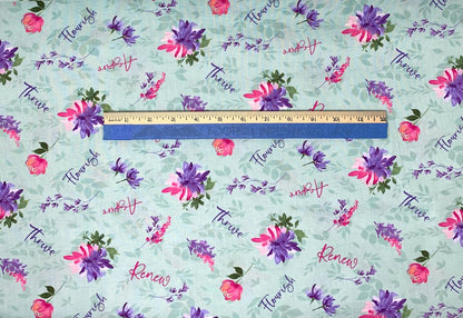 Floral Party, Teal Word Toss, Blue, Pink, Flowers, Yardage, Wilmington Prints