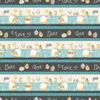 Baking Gnome Border Stripe, Sweet Little Pleasures, Cupcakes, Blue, Black, Wilmington Prints