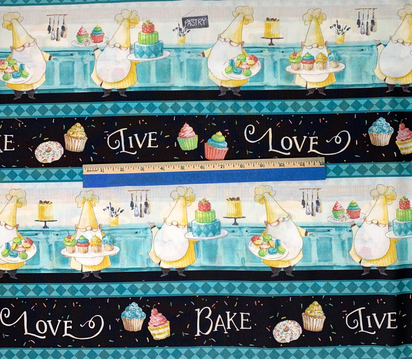 Baking Gnome Border Stripe, Sweet Little Pleasures, Cupcakes, Blue, Black, Wilmington Prints