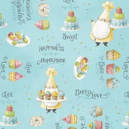 Baking Gnomes, Sweet Little Pleasures, Teal Words All Over, Blue, Yellow, Green, Yardage, Wilmington Prints