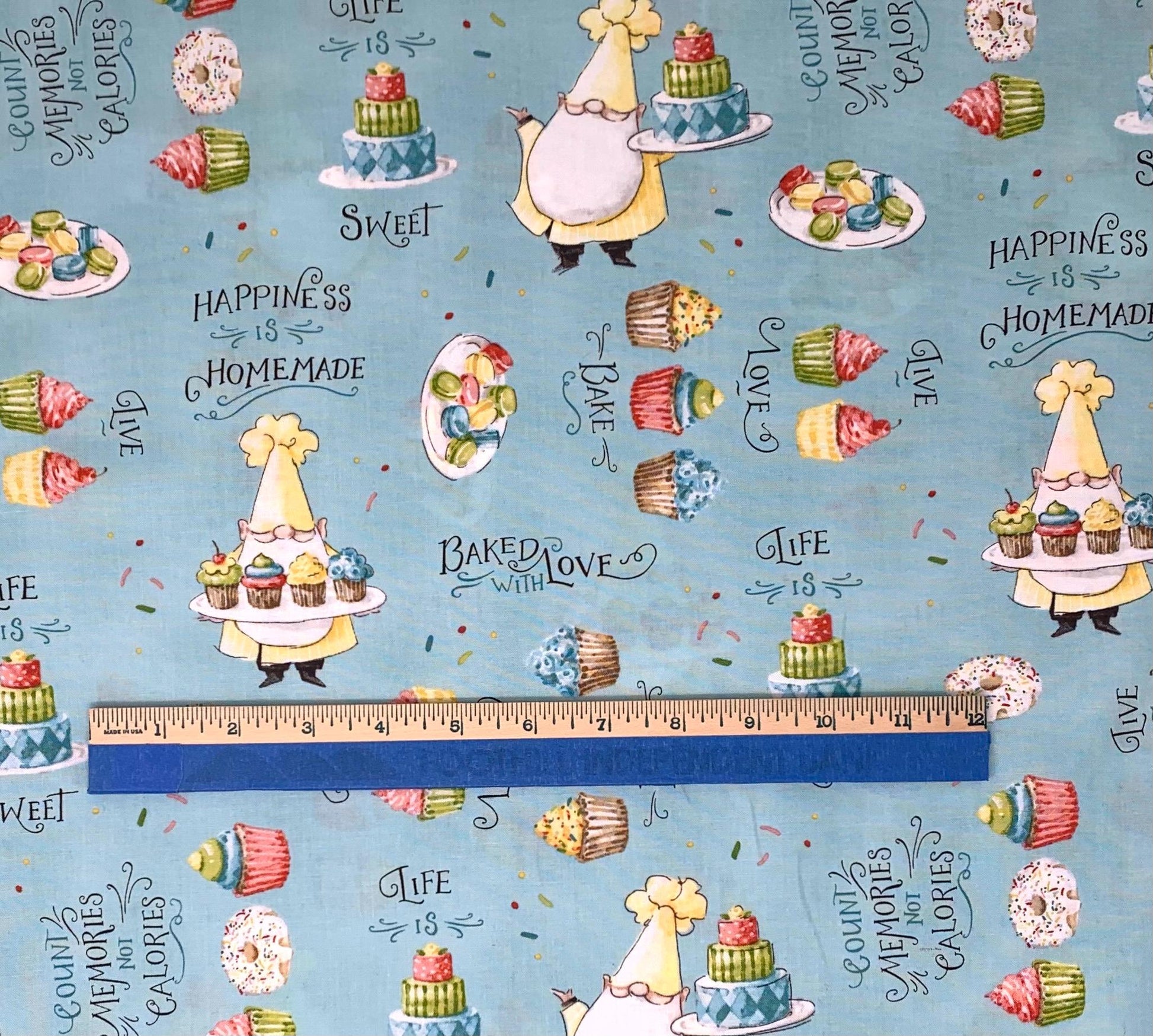 Baking Gnomes, Sweet Little Pleasures, Teal Words All Over, Blue, Yellow, Green, Yardage, Wilmington Prints